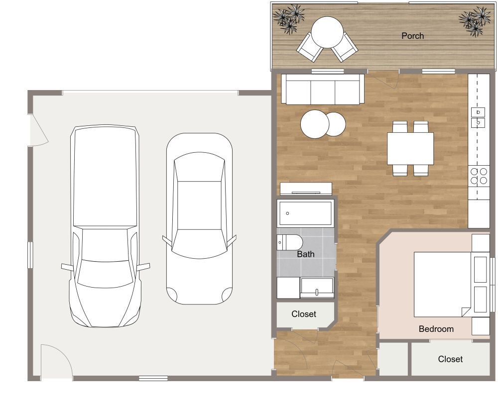 1 Bedroom Garage Apartment Plan With Private Porch 2D