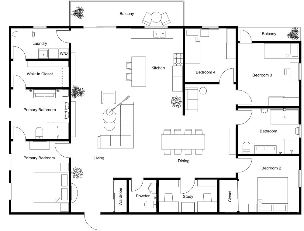2000 sq ft Apartment Plan 2D Floor Plan