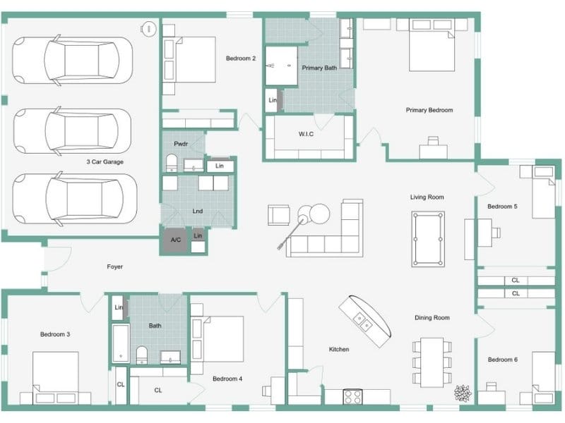 2D floor plan of a large barndominium highlighting a three-car garage connected to the foyer.