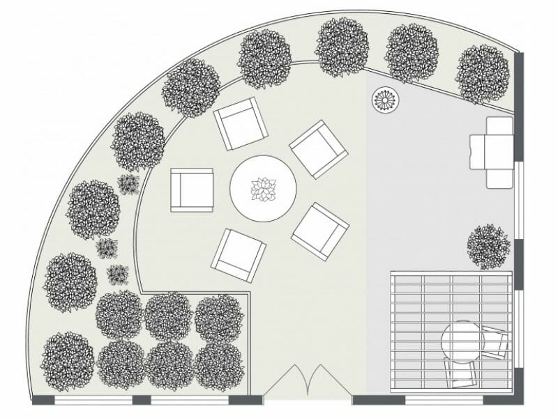 Top-down floor plan of a curved outdoor terrace with seating arranged around a circular fire pit. The space includes lounge chairs, potted plants, and dense greenery along the curved edge, with a partially covered area and railing on the right side.