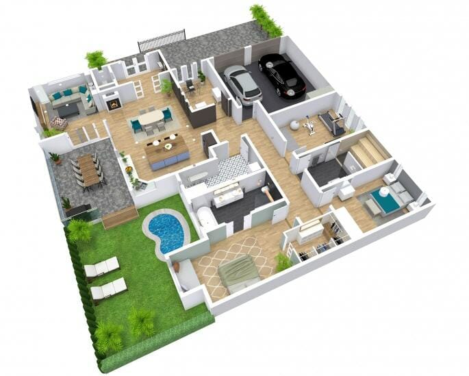 3D isometric floor plan of a modern single-story home with an open-concept living, dining, and kitchen area. The house includes three bedrooms, two bathrooms, a home office, a gym, and a two-car garage. Outdoor spaces feature a patio with dining area, a kidney-shaped swimming pool, a lounge area with sunbeds, and a fenced garden. Interior furnishings and finishes are detailed, including couches, beds, a dining table, and appliances. The garage connects directly to the kitchen and main living space.