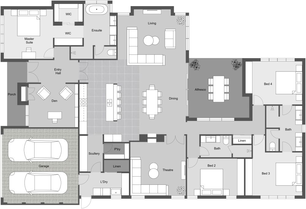 4 Bedroom Home With Large Kitchen Island 2D Floor Plan