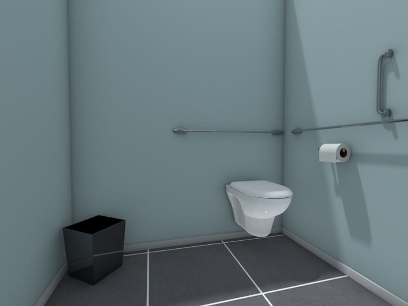 ADA-compliant bathroom stall with wall-mounted toilet, horizontal and vertical grab bars, toilet paper holder, and small black waste bin against light blue walls and dark tile flooring.