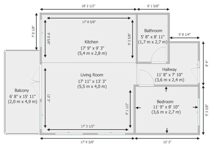 One bedroom apartment with balcony floor plan.