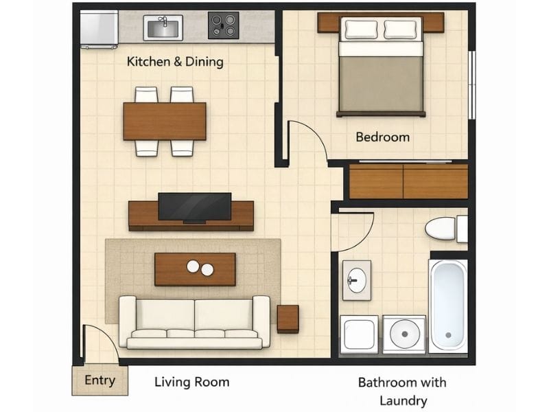 Floor plan created by ChatGPT with one bedroom, a bathroom, and an open living area.