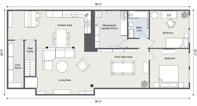 2D floor plan of a basement apartment showing a living area, kitchen, two bedrooms, bathroom, laundry and mechanical room, and a pool table area. Measurements are labeled along the walls.