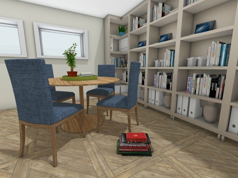 3D Photo of a basement library with white book shelves and a round wooden table with blue chairs. 