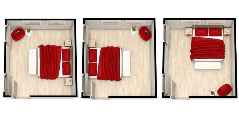 Three 3D Floor Plans of three different ways to place a bed in a bedroom. One is on the long wall facing the windows, the next is on the opposite side of the long wall with the window to the headboard and the last one is in the corner opposite the entrance to the room. The bed has bright red bedding and white sheets. The room is beige with light wooden flooring.