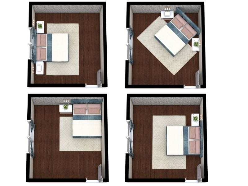 Four 3D Floor Plans of different bedroom furniture placements. Each floor plan uses the same furniture and colors on the furniture, walls, and floors. Dark wooden floors, light floral wallpaper, a white rug, a double bed with white, pink and blue bedding, white nightstands with flowers and a light sconce above the nightstand.