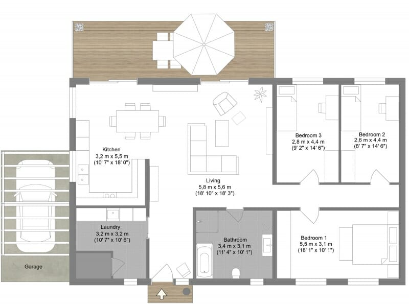 Color 2D floor plan of a single-story house featuring three bedrooms, one bathroom, a large living room, kitchen, and laundry area. Bedroom 1 is the largest, located at the front right corner, while Bedrooms 2 and 3 are side-by-side at the top right. The open-plan kitchen and living area lead to a wooden outdoor deck with dining furniture and an umbrella. A garage is attached on the left, adjacent to the laundry room. Room dimensions are labeled in both meters and feet, and furniture is shown throughout the layout.
