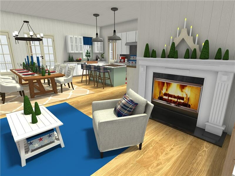 3D-rendered image of a festive open-concept living and dining area with holiday decorations. The foreground features a cozy armchair with a plaid pillow beside a lit fireplace decorated with mini Christmas trees and a candle centerpiece. A white coffee table with small green trees sits on a blue rug.