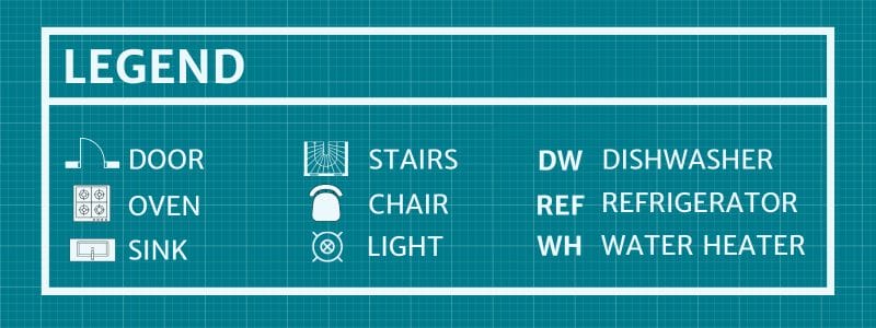 Blueprint legend showing symbols for doors, stairs, oven, sink, chair, lighting, and common appliance abbreviations.