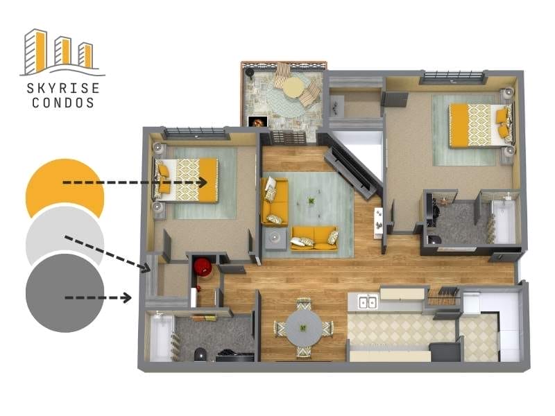 3D floor plan of a modern condo unit labeled “Skyrise Condos,” featuring two bedrooms with yellow bedding, a spacious living room with yellow and gray furniture, a dining area, a full kitchen, two bathrooms, and a balcony with outdoor seating. A color key on the left highlights the use of mustard yellow, light gray, and dark gray in the interior design.