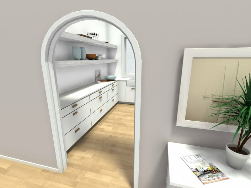 3D Photo of a butler's pantry designed with white cabinets.