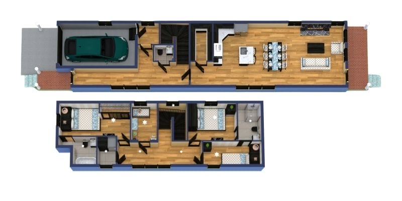 3D floor plan of a two-story shotgun-style house. The ground floor includes a garage, laundry room, bathroom, central staircase, and an open kitchen, dining, and living area at the front. The upper floor features four bedrooms, two bathrooms, and a hallway connecting all rooms. Wood flooring runs throughout most of the spaces, with tile in bathrooms and the garage area.