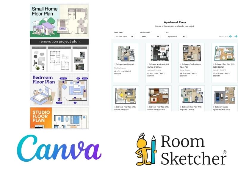 Canva vs. RoomSketcher. The image shows the comparison between Canva and RoomSketcher's templates. On the left side of the image is a screenshot of pre-made templates within Canva. Below the screenshot is the Canva logo. On the right side of the image is a screenshot of the RoomSketcher Floor Plan Gallery inside the RoomSketcher app showing apartment floor plans. Below the screenshot is the RoomSketcher logo.