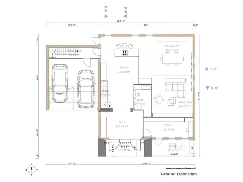 2D floor plan made with Cedreo software. The floor plan shows a garage, entry, kitchen, dining room, living room, toilet, a staircase, an office, and a porch. All rooms are furnished.