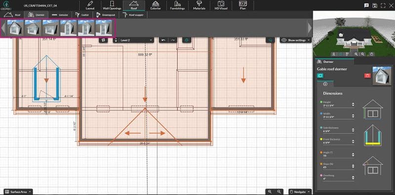 Cedreo software showing a 2D floor plan layout with grid lines and room dimensions. A gable roof dormer is being configured, with its details and dimensions displayed in a sidebar on the right. The top menu features roof options, and a small 3D preview of the house exterior is visible in the upper-right corner.