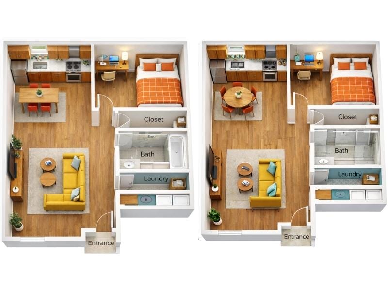 Two 3D floor plan variations of a small one-bedroom apartment, showing an open living room and kitchen, a bedroom with closet, and a bathroom and laundry area near the entrance, with different furniture and color styles.