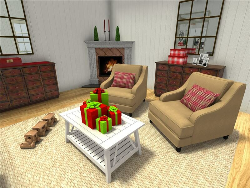 3D-rendered image of a cozy holiday sitting room. Two tan armchairs with red plaid pillows face a white coffee table topped with red and green wrapped presents. A lit fireplace is in the corner with simple green and red decorations on the mantel. The room has wood floors, a beige rug, two dark wood dressers with holiday decor, and a wooden toy train on the floor.