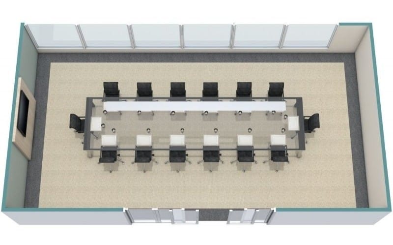 3D floor plan of a rectangular conference room with a long boardroom table in the center.