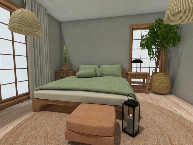 3D rendering of a cozy bedroom with a minimalist, earthy design. The room features a low wooden bed with green bedding, matching wooden nightstands, and large windows with wood frames. Natural elements include a potted tree, woven pendant lamps, a jute rug, and a candle lantern beside a small cushioned stool at the foot of the bed.