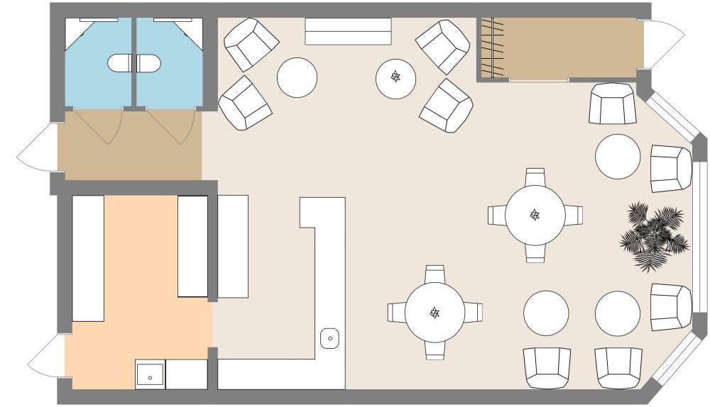 Cozy Elegant Coffee Shop 3D Floor Plan With Fireplace