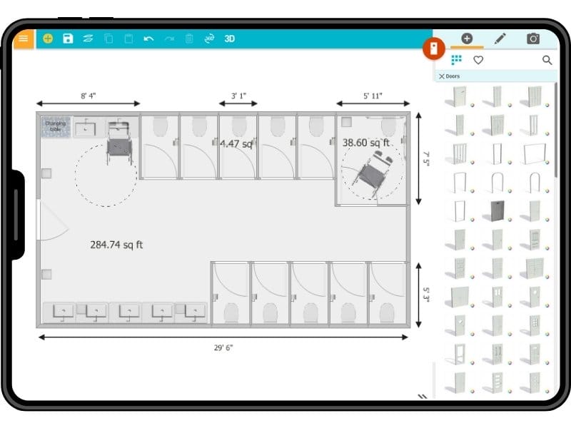 ADA bathroom being drawn in the RoomSketcher app.