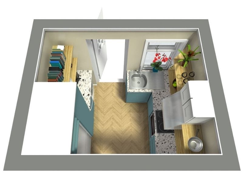 3D top-down view of a small galley kitchen with teal lower cabinets, white upper cabinets, and wood countertops. The sink is placed under a window with potted plants and red flowers. The kitchen includes a stove with a stainless steel hood, bookshelves on the left wall, and a light herringbone wood floor.