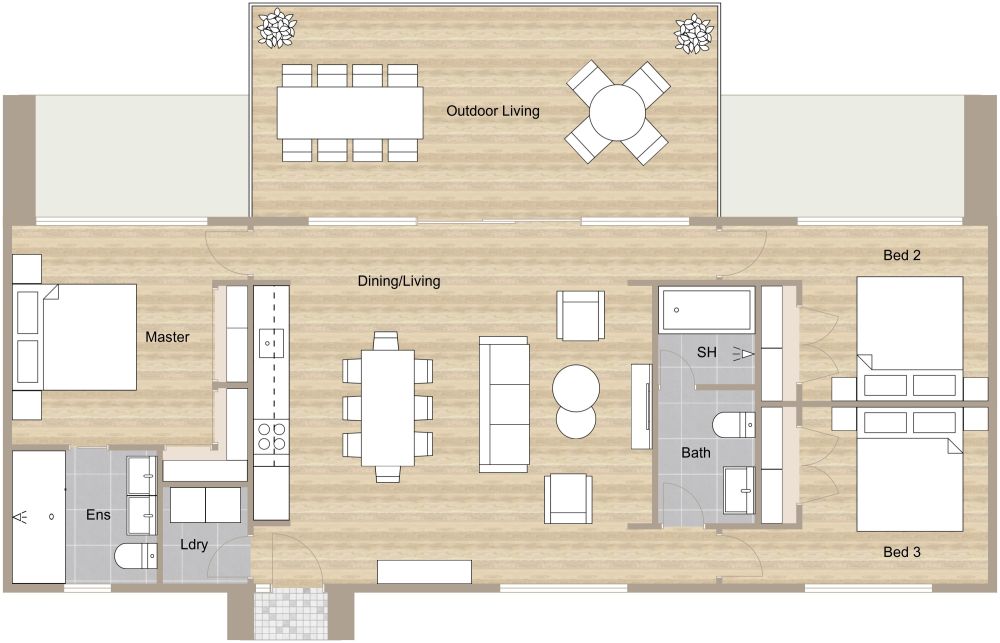 Delicate 3 Bedroom 2D Floor Plan With Outdoor Area