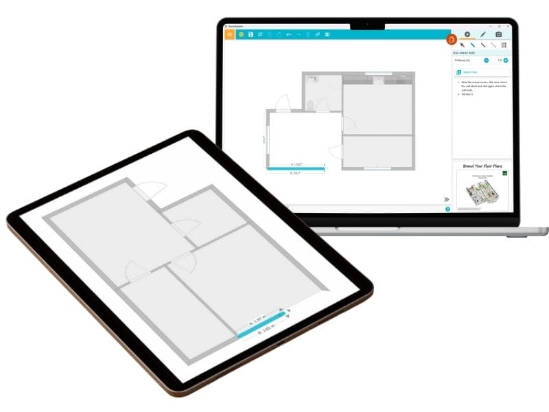 Tablet and laptop displaying a digital floor plan in a design application. The tablet shows a basic 2D layout with room outlines and dimensions, while the laptop displays a more detailed version of the same plan within the RoomSketcher interface, including door placements and measurement tools.