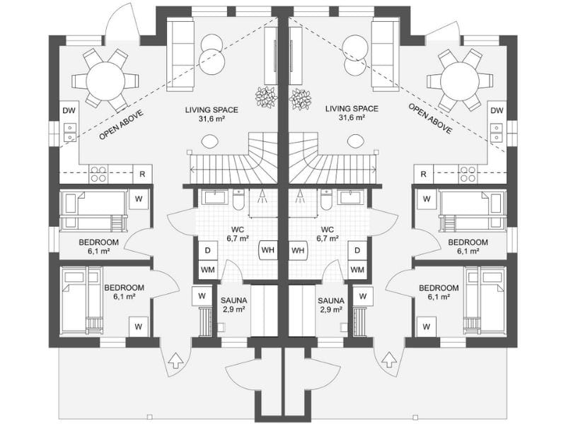 2D floor plan of a symmetrical duplex layout, with two mirrored living units. Each unit includes a central open-concept living space, a kitchen and dining area, two bedrooms, a bathroom with a toilet and shower, a private sauna, and multiple storage closets (W, WH). Both living spaces feature high ceilings labeled "open above," and the front entrance leads into a shared hallway with stairs leading upward. The layout is functional and compact, ideal for two families or guests sharing a property.