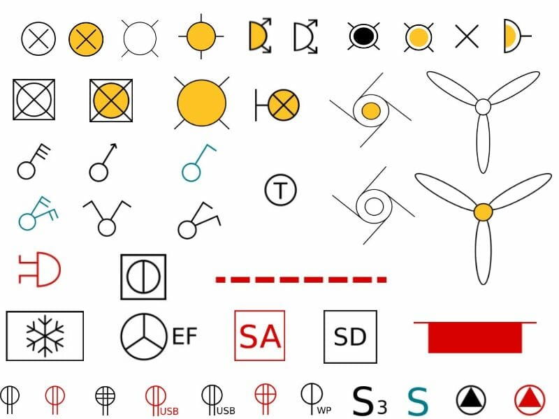 Electrical symbols used in floor plans, including lighting fixtures, switches, outlets, ceiling fans, smoke detectors, and HVAC symbols.