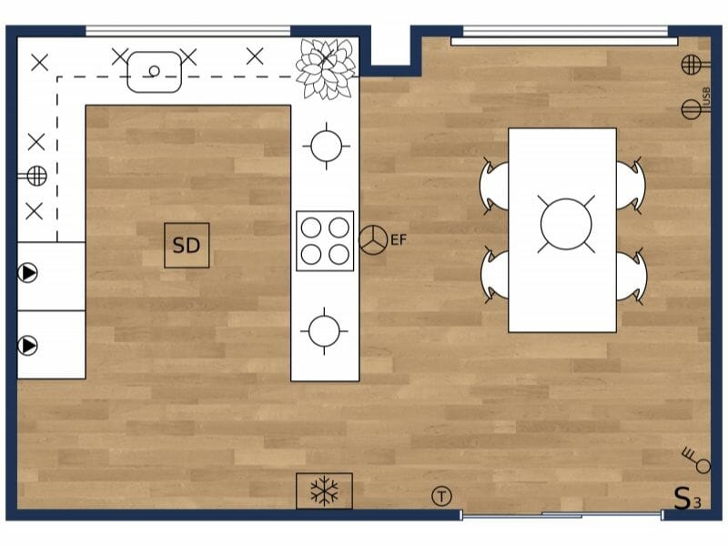 Electrical plan for a kitchen and dining area showing outlets along countertops, lighting fixtures above the island and dining table, switches, and electrical symbols.