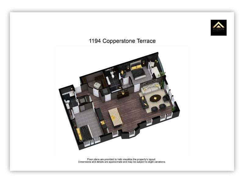 3D floor plan of 1194 Copperstone Terrace with two bedrooms, two bathrooms, den, kitchen, living room, and balcony.
