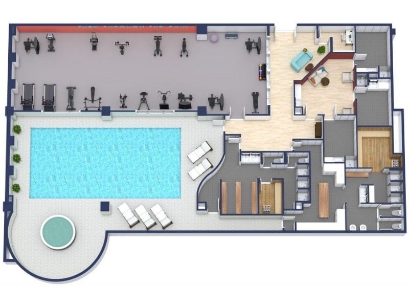 3D floor plan of a modern fitness center featuring a large rectangular swimming pool with lounge chairs and a round hot tub on the pool deck.