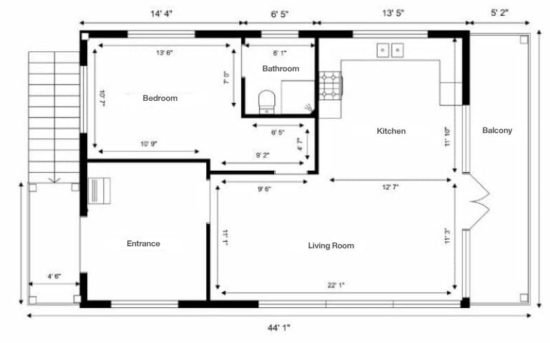 Black and white 2D floor plan with internal and external measurements. The plan includes a primary bedroom (13' 6" x 10' 9"), bathroom (6' 1" x 6' 5"), kitchen (13' 5" x 10' 11"), and a spacious living room (22' 1" x 12' 7"). The entrance measures 10' 5" x 12' 1". An outdoor balcony is 5' 2" deep. External measurements are shown along all walls, with the full width of the home at 44' 1" and depth at 17' 0" on the left side and 24' 4" on the right including the balcony extension.