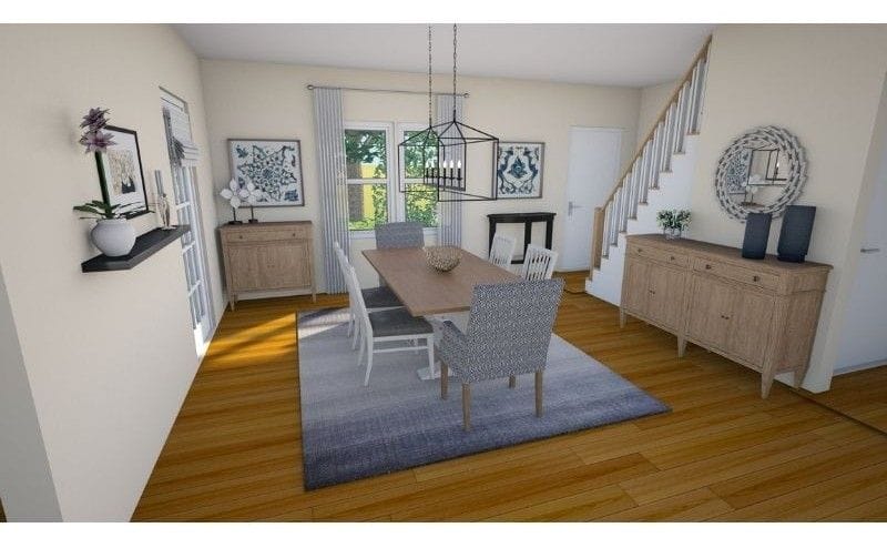 3D photo made with Floorplanner. The photo shows a dining room with a blue carpet, blue and white dining chairs, two wooden side boards, wooden table, a black wall-mounted shelf, a window with see-through curtains. The floor is wooden and the walls are light cream.