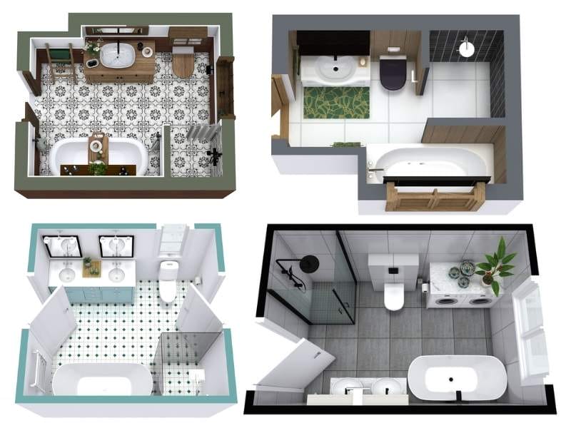 Collection of four 3D bathroom floor plans in different layouts. Designs feature a mix of bathtubs, showers, toilets, vanities, and storage, with patterned tiles, modern fixtures, and colorful accents for varied styles.