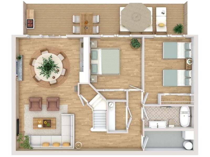 A fully furnished 3D floor plan showing an upper floor with two bedrooms, a large bathroom, and an open living and dining area.