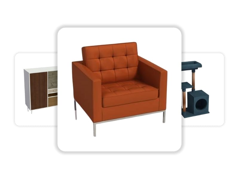 A selection interface displaying three furniture items with the central item highlighted. The main focus is a modern, tufted orange armchair with metal legs. Partially visible on the left is a mid-century style cabinet, and on the right is a blue cat tree with platforms and a cubed hideaway.
