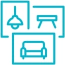 Blue line icon depicting framed images of interior elements, including a hanging light, a bench, and a sofa, representing home decor.