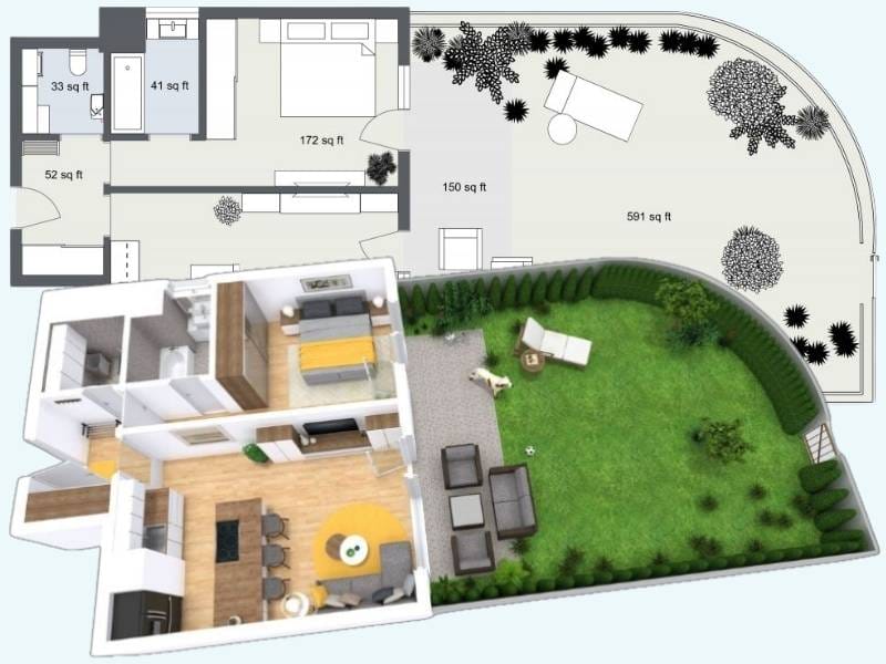 Hybrid floor plan showing both 2D and 3D views of a modern apartment with a large outdoor space. The top portion displays a black-and-white 2D layout with labeled square footage for each room, including a bedroom, living area, and bathroom. The bottom half transitions into a detailed 3D rendering, featuring furnished interiors and a landscaped backyard with patio seating, greenery, and a dog.
