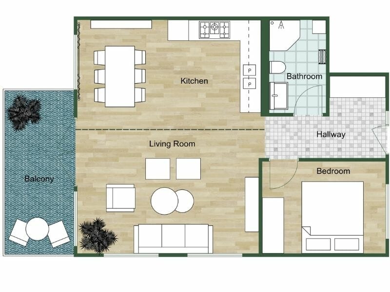 2D floor plan showing a zoned layout with distinct areas for the kitchen, living room, bedroom, bathroom, hallway, and balcony. A dotted line separates the kitchen and living room, visually defining functional zones for cooking, relaxing, and dining within an open-concept design.