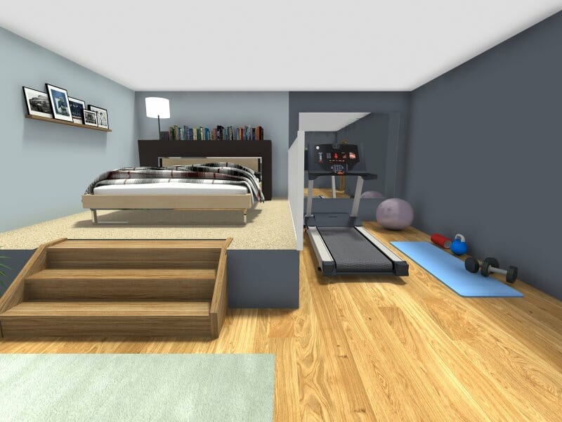 3D Photo of Guest bedroom with a raised bed and gym equipment.