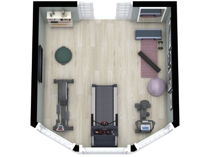 3D floor plan of a home gym with a treadmill, elliptical machine, stationary bike, and free weights.