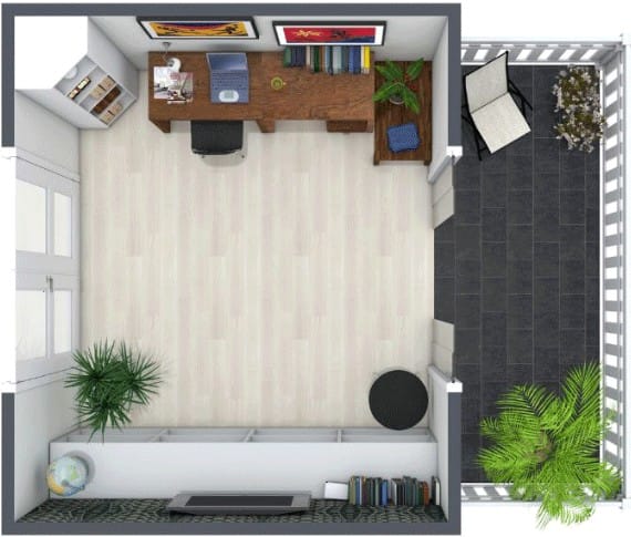 3D top-down view of a home office layout with a connected balcony. The office features a large wooden desk with a computer, bookshelves, potted plants, framed artwork, and light wood flooring. The adjacent balcony has black tiles, a lounge chair, and greenery including a potted palm and flowering plant.