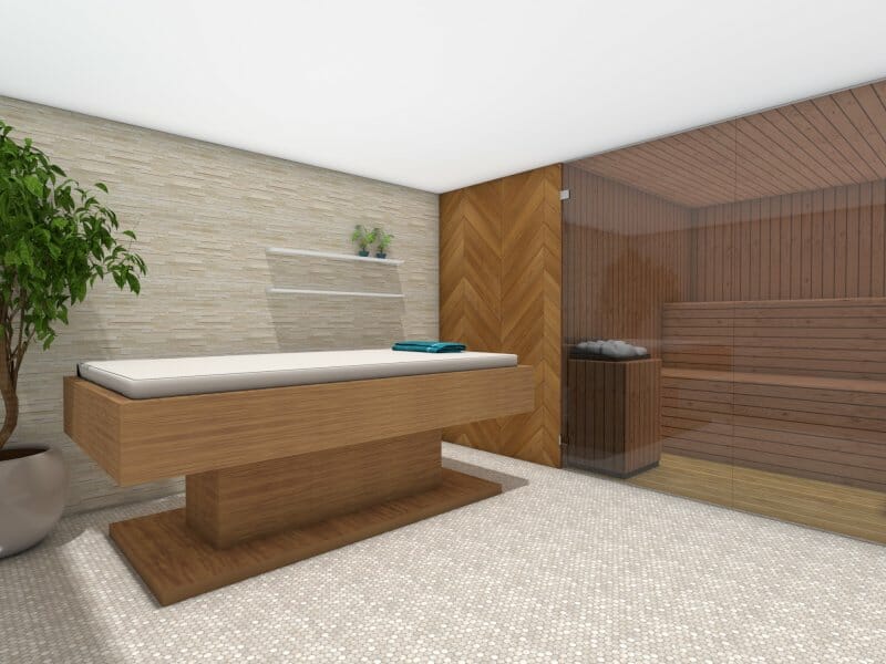 3D Photo of a home spa with a sauna with beige colored tiles and wooden tones.
