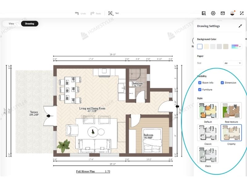 Homestyler 2D floor plan of a one-bedroom apartment. The floor plan includes a combined dining/living/kitchen area, there is one bedroom and one bathroom.
