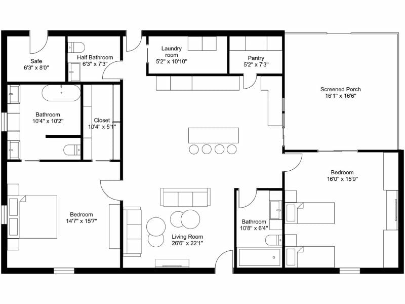 Black and white floor plan of a single-story home with labeled rooms and dimensions in feet and inches. The layout includes a central living room (26'6" x 22'1") connected to a kitchen with an island and dining area. To the left are a bedroom (14'7" x 15'7"), full bathroom, closet, half bathroom, laundry room, and a safe room. To the right are a second bedroom (16'0" x 15'9"), a bathroom, and access to a large screened porch (16'1" x 16'6"). A pantry is located next to the kitchen. Room placements are clearly defined with furniture symbols included.